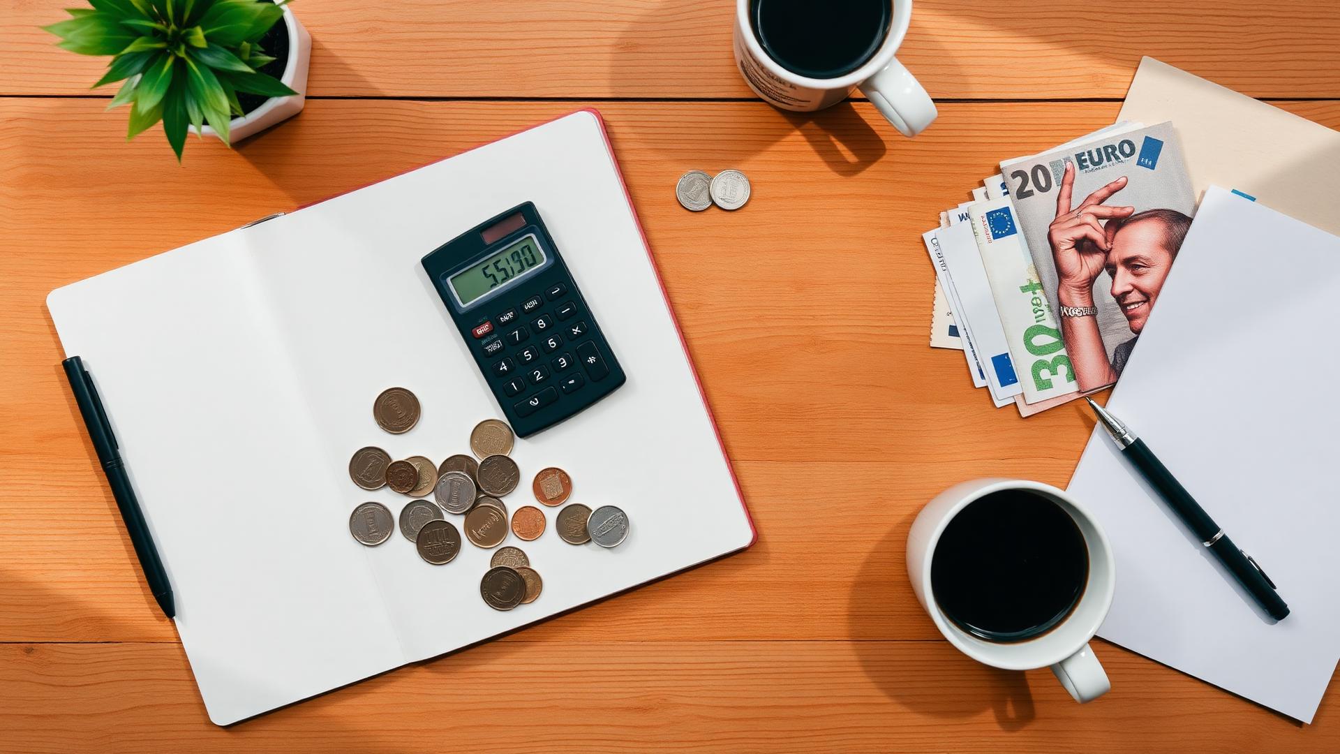 Scrivania con calcolatrice e monete per pianificazione del budget